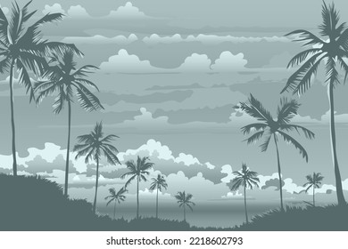Poster, banner, panel - sunset coconut palms with the reflection of the setting sun on the branches against a sky with clouds which goes beyond the horizon. Monochrome vector wallpaper