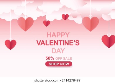 Afiche o pancarta con cielo rosado gradiente y nubes cortadas de papel. Colocar el texto. Feliz encabezado de venta del día de San Valentín o plantilla de cupón con corazones de papel colgantes.