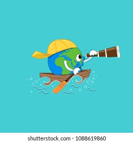 Poster, banner, postcard for international oceans day, water day. Picture on the t-shirt, on the label.  Vector illustration. Planet Earth in a cap with a telescope floating in a boat on the ocean.