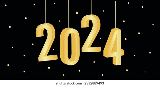 Poster, banner, postcard with three-dimensional numbers 2024 made of gold on a black background.