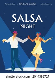 Poster Or Banner For Salsa Night In Dance Club With Dancer Characters, Flat Vector Illustration On Dark Blue Background. Salsa Entertaining Show Or Dance Evening.