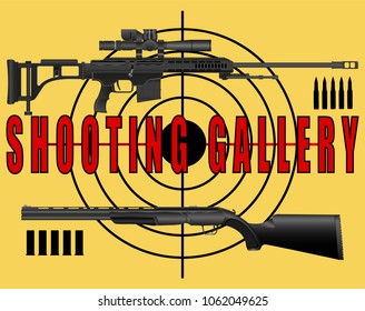 poster, banner shooting range, gallery, a sniper rifle and a rifle target on a yellow background. Vector Illustration