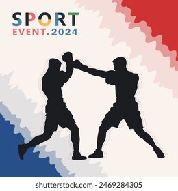 Poster or banner with silhouette of two boxers in mid-fight and France flag as frame for sport competition in Paris. Сard with athletic man fighting in the ring. Boxing sport 