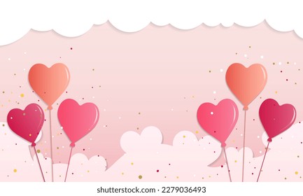 Poster or banner with sky and paper cut clouds.Red, pink and white flying hearts. Vector illustration. Paper cut decorations for Valentine's day border or frame design, Happy Valentine's day sale