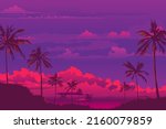 Poster, banner - sunset coconut palms with the reflection of the setting sun on the branches against a purple sky with pink clouds which goes beyond the horizon