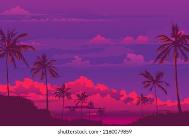 Afiche, pancarta - palmeras de coco al atardecer con el reflejo de poner el sol en las ramas contra un cielo morado con nubes rosas que va más allá del horizonte