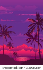 Poster, banner - sunset coconut palms with the reflection of the setting sun on the branches against a purple sky with pink clouds which goes beyond the horizon