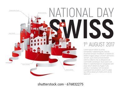 Poster or banner to the Switzerland National Day. Swiss cityscape vector illustration with historic buildings and text isolated on white background