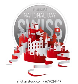 Poster or banner to the Switzerland National Day. Swiss cityscape vector illustration with historic buildings and text isolated on white background