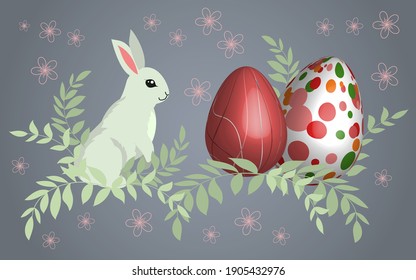 Poster and banner template with 3d realistic Easter egg, bunny and leaves. Promotion, shopping, greeting card, postcard and presents for Easter Day