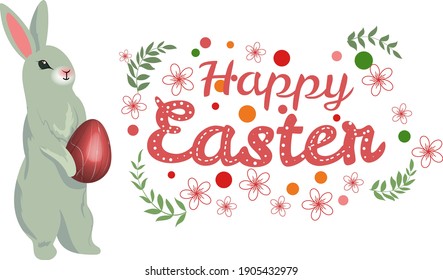 Poster and banner template with 3d realistic Easter egg, bunny and leaves. Promotion, shopping, greeting card, postcard and presents for Easter Day