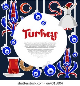 Poster or banner template design with Turkish traditional symbols or icons, around circle decoration element made in vector with cute and modern flat style. Great for advertising, magazines, websites