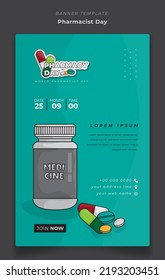 Poster or banner template in green background with medicine box for pharmacist day design