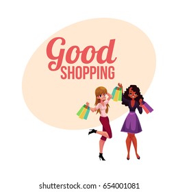 Poster, banner template with happy black and white girl, woman holding shopping bags, cartoon vector illustration. Poster, banner with happy black and white girls, women, friends holding shopping bags