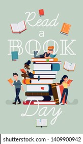 Poster or banner template on Reading Day with caption and flat style illustration of various people reading books sitting, lying and standing next to giant pile of books