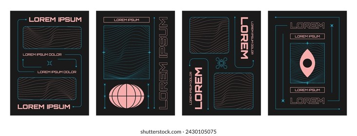 Poster and banner template with wireframe abstract pattern with liquid shape and simple geometric sticker elements on black background. Vector set of retro design layout with grid figure in y2k style.