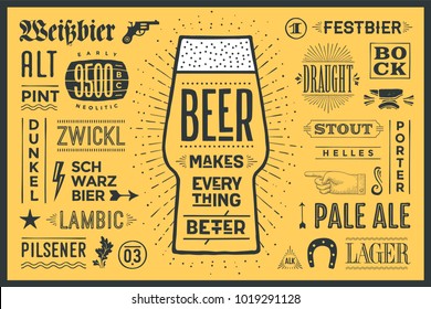 Poster or banner with text Beer Makes Everything Better and names types of beer. Colorful graphic design for print, web or advertising. Poster for bar, pub, restaurant, beer theme. Vector Illustration