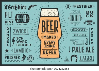 Poster or banner with text Beer Makes Everything Better and names types of beer. Colorful graphic design for print, web or advertising. Poster for bar, pub, restaurant, beer theme. Vector Illustration