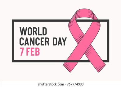 Poster and banner with text World Cancer Day February 4 and ribbon - world cancer day symbol. Banner for Febrauray 4, World Cancer Day awareness symbol. Classic graphic design. Vector Illustration