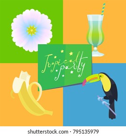 Poster or banner for tropical beach party vector illustration. Set of icons, symbols for tropics design theme with banana, cocktails, toucan 