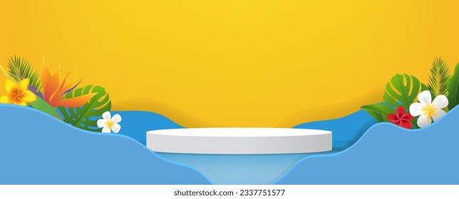  Poster Banner With Tropical Palm Tree And Flowers With Gradient Mesh, Vector Illustration