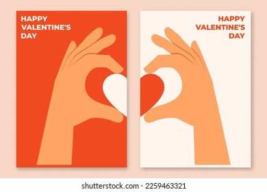 Poster, banner for Valentine's day postcard, card, congratulations and poster. Hands with heart. Two hands making heart sign. Love, romantic relationship concept. Vector illustration. Flat style