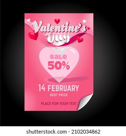 Poster or banner for Valentine's Day, red and white hearts and ribbon. Lovely items on a pink background. Promotion and shopping template or background for February 14, love concept. EPS vector