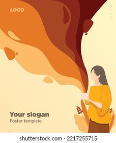 poster or banner vector design. beautiful woman enjoying a cup of hot coffee. vector illustrations