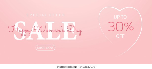  Poster or banner with Women's day. 8 March. Special offer 30% discount. Background for sale with hanging hearts. Happy Women's day header or voucher template with hanging hearts.