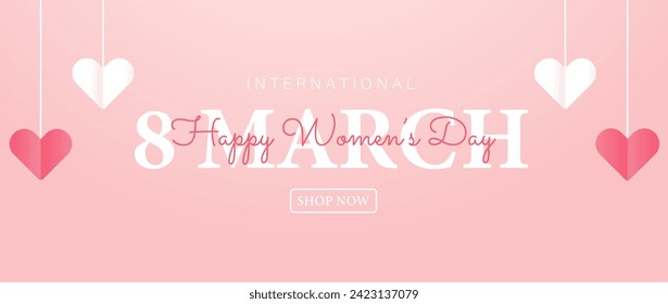  Poster or banner with Women's day. 8 March. Special offer discount. Background for sale with hanging hearts. Happy Women's day header or voucher template with hanging hearts.
