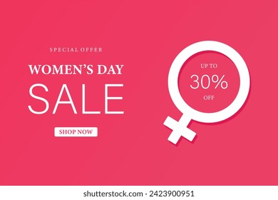 Poster or banner with Women's day. 8 March. Special offer 30% discount. Background for sale. Happy Women's day header or voucher template.