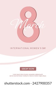  Poster or banner with Women's day. 8 March. Special offer discount. Background for 8 march. Happy Women's day header or voucher template.