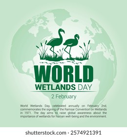 Poster, Banner for World Wetlands Day which occurs every 2nd February, suitable for raising awareness, celebrating, or greeting. With two cranes in a wetland with green plants and grasses.