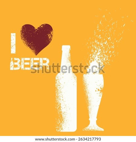 Poster for bar, pub, stencil style, spray, print on t-shirt I love beer. Beer bottle, glass, splashes, flat design, drink party