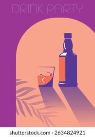Póster para un bar, restaurante de verano, fiesta de bebidas en la playa, menú. Diseño plano de un pub, alcohol fuerte, whisky, ron, brandy, dibujo de contorno de una botella de alcohol, un vaso de whisky con hielo