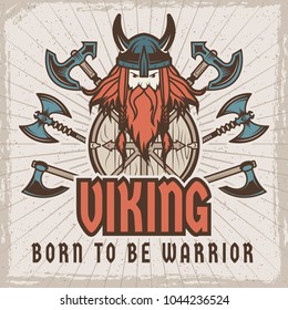 Poster with barbarian warrior with weapons. Template with place for your text. Barbarian and warrior, viking medieval in helmet. Vector illustration