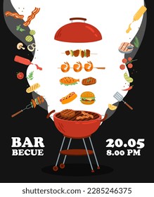 Poster with barbecue. Advertising graphic element for website, marketing. Grill for meat, ham, beef, chicken and shrimp. BBQ and junk food, unhealthy eating. Cartoon flat vector illustration