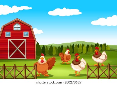 Poster of a barn with chickens behind the fence