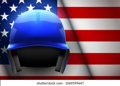 Poster of Baseball Helmet on American Flag Backgound. Sport equipment and gear. Vector Illustration