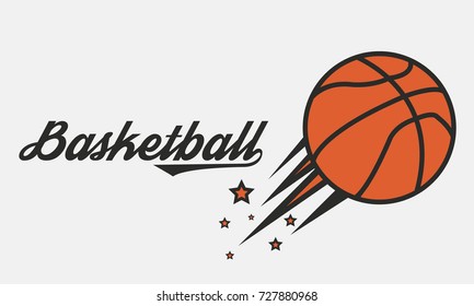 Poster of Basketball game. Flying Basketball ball with stars. Vector illustration