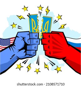 Poster Battle of giants for Ukraine. The clash of powerful fists of the USA and Russia, the broken coat of arms of Ukraine, the shooting stars of the European Union. Illustration, vector