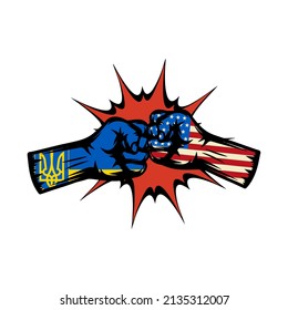 Poster Battle of giants for Ukraine. The clash of powerful fists of the USA and Russia, the broken coat of arms of Ukraine, the shooting stars of the European Union. Illustration, vector