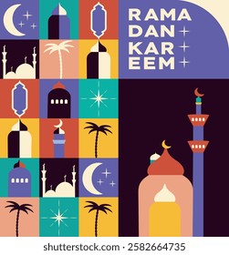 Poster in bauhaus style. Blessed holiday of Ramadan Kareem. Arabic. Mosque. Modern geometric shapes. Raya Hari, Eid al-Adha. Hijri. 1445. Pattern. Islamic culture. Wallpaper. Mosque. Crescent moon