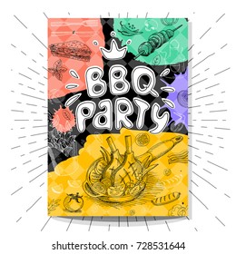 Poster BBQ party. Barbecue elements, food, steak, sausages, meat, drinks, mustard, mushrooms, tomatoes, vegetables, fire. Hand drawn vector  vintage poster food sketches composition.