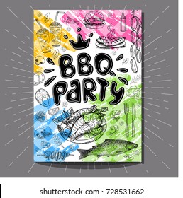 Poster BBQ party. Barbecue elements, food, steak, sausages, meat, drinks, mustard, mushrooms, tomatoes, vegetables, fire. Hand drawn vector  vintage poster food sketches composition.