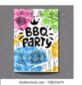 Poster BBQ party. Barbecue elements, food, steak, sausages, meat, drinks, mustard, mushrooms, tomatoes, vegetables, fire. Hand drawn vector  vintage poster food sketches composition.