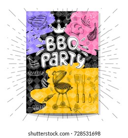 Poster BBQ party. Barbecue elements, food, steak, sausages, meat, drinks, mustard, mushrooms, tomatoes, vegetables, fire. Hand drawn vector  vintage poster food sketches composition.