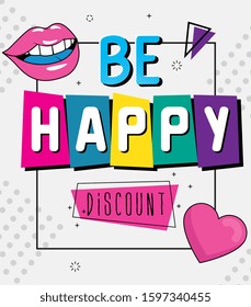 poster be happy discount with lips pop art style vector illustration design