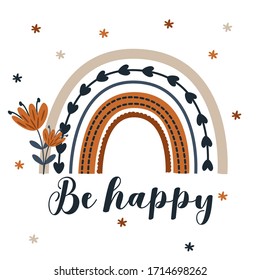 poster be happy with rainbow and flowers - vector illustration, eps