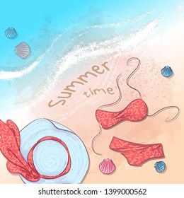 Poster beach accessories on the sand. Vector illustration.